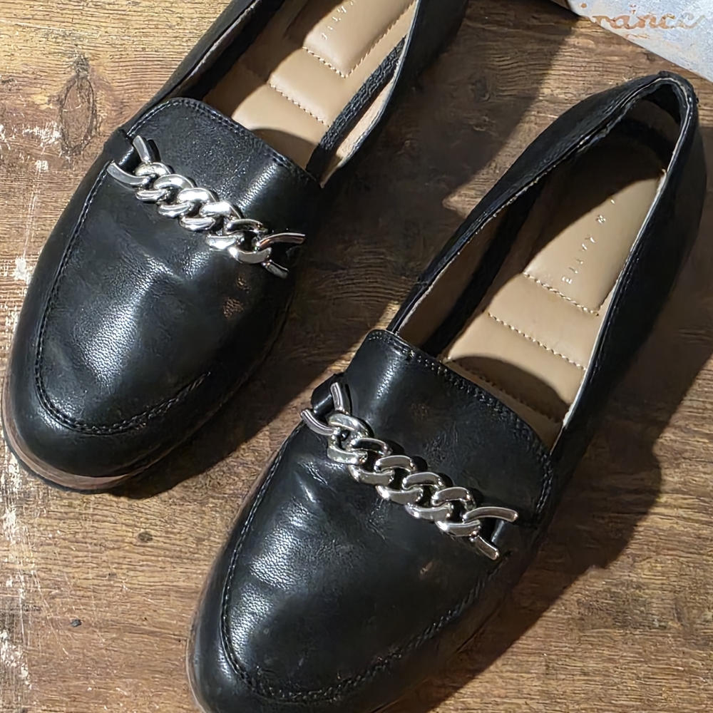 Kelly & Katie Black Faux Leather Loafers with Tan Insole